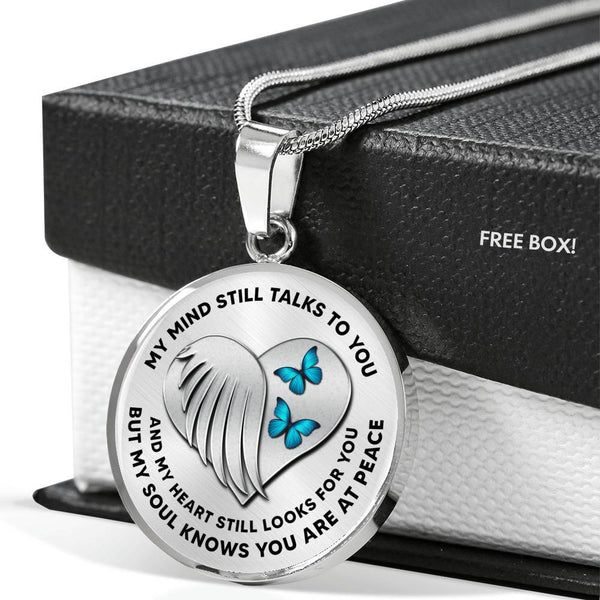 JL1407009 My Mind Still Talks To You Turquoise Butterflies Heart Wing Silver Luxury Necklace with Back Engraving