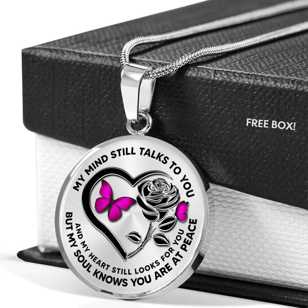 B0708116 My Mind Still Talks To You Pink Butterflies Black Rose And Heart Shape Luxury Necklace with Back Engraving