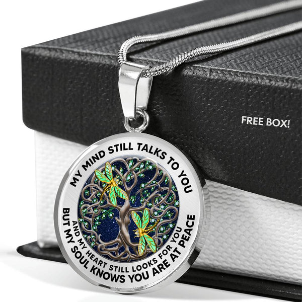 JL2407085 My Mind Still Talks To You Golden Dragonflies Brown Celtic Tree Of Life Green Leaf And Galaxy Luxury Necklace with Back Engraving