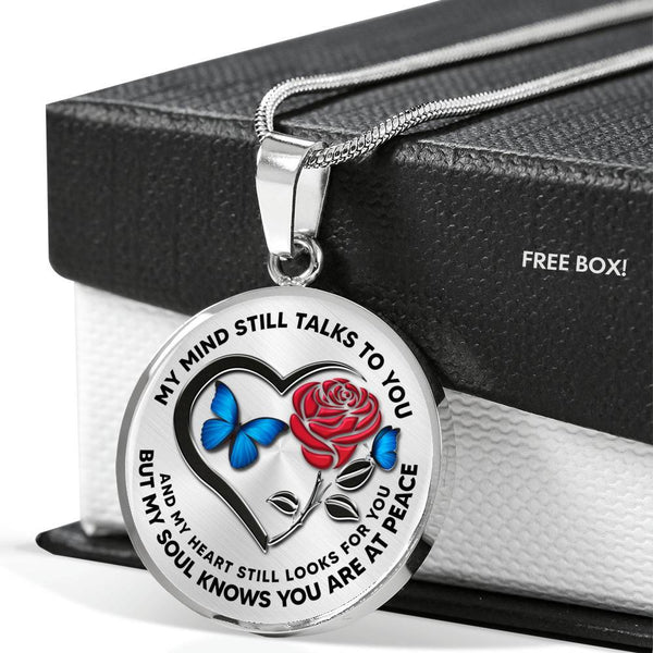 B0708075 My Mind Still Talks To You Blue Butterflies Rose And Black Heart Shape Luxury Necklace with Back Engraving