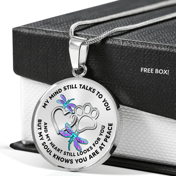 JL1807009 My Mind Still Talks To You Turquoise Dragonflies Silver Heart Paws Luxury Necklace with Back Engraving