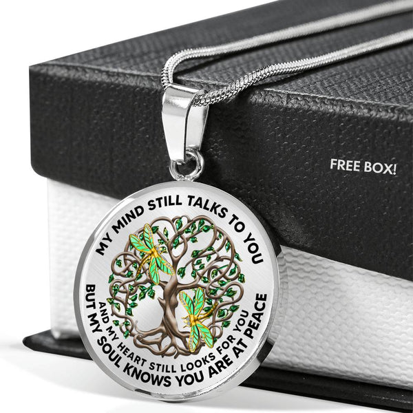 JL2407084 My Mind Still Talks To You Golden Dragonflies Brown Celtic Tree Of Life Green Leaf Luxury Necklace with Back Engraving