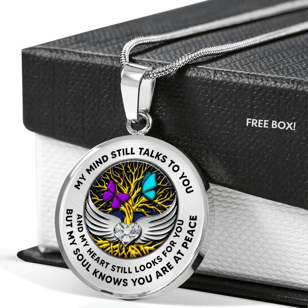 B0713021 My Mind Still Talks To You Purple And Turquoise Butterflies Gold Tree Of Life With Heart Wings Luxury Necklace with Back Engraving