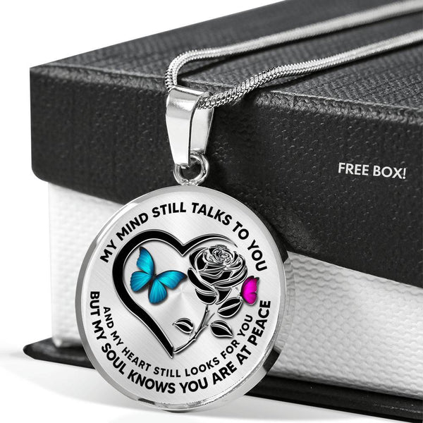 B0708121 My Mind Still Talks To You Turquoise And Pink Butterflies Black Rose And Heart Shape Luxury Necklace with Back Engraving