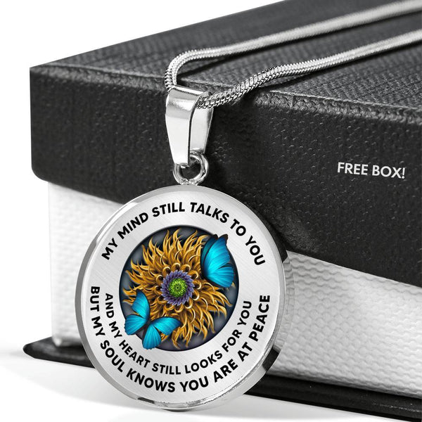 TM0045 My Mind Still Talks To You Blue Butterfly Sunflower Luxury Necklace with Back Engraving