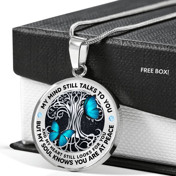 AG2008024 My Mind Still Talks To You Blue Butterflies Silver Tree Of Life  Luxury Necklace with Back Engraving