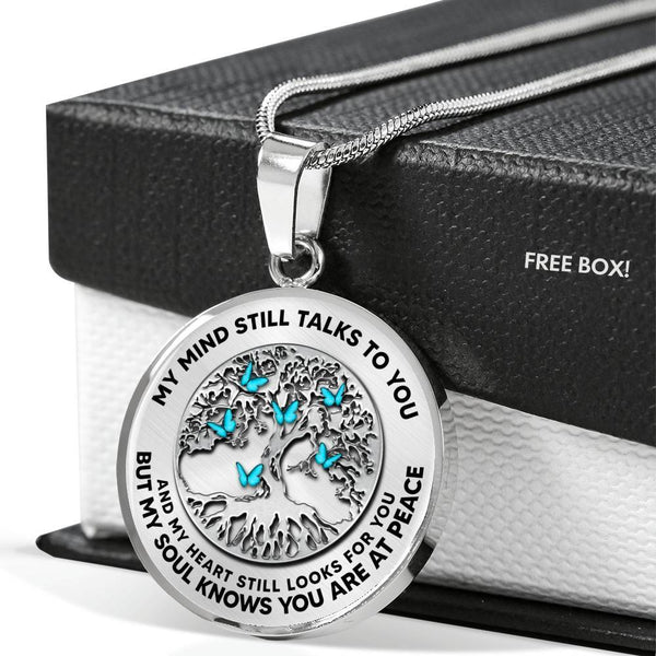 B0706038 My Mind Still Talks To You SixTurquoise Butterflies And Metal Tree Of Life Luxury Necklace with Back Engraving