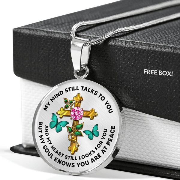 JL2107007 My Mind Still Talks To You  Turquoise Butterflies Golden Cross Ruby Luxury Necklace with Back Engraving
