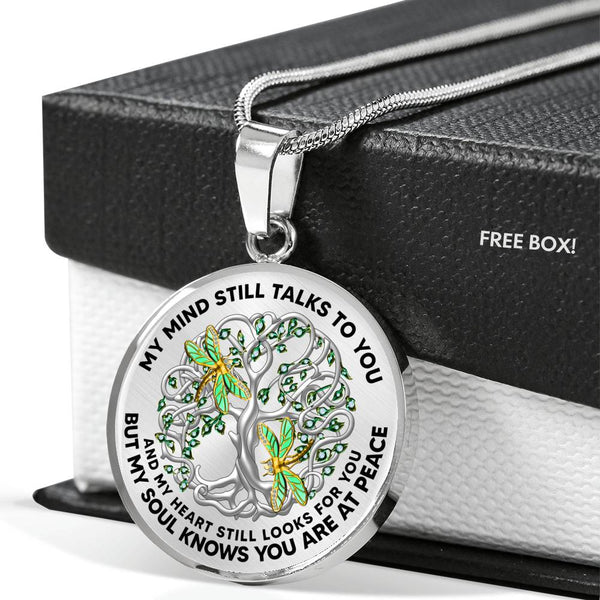 JL2407082 My Mind Still Talks To You Golden Dragonflies Celtic Tree Of Life Green Leaf And Diamond Luxury Necklace with Back Engraving