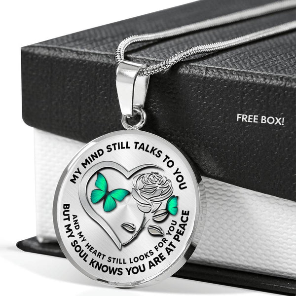 B0708032 My Mind Still Talks To You Green Butterflies Silver Rose And Heart Shape Luxury Necklace with Back Engraving