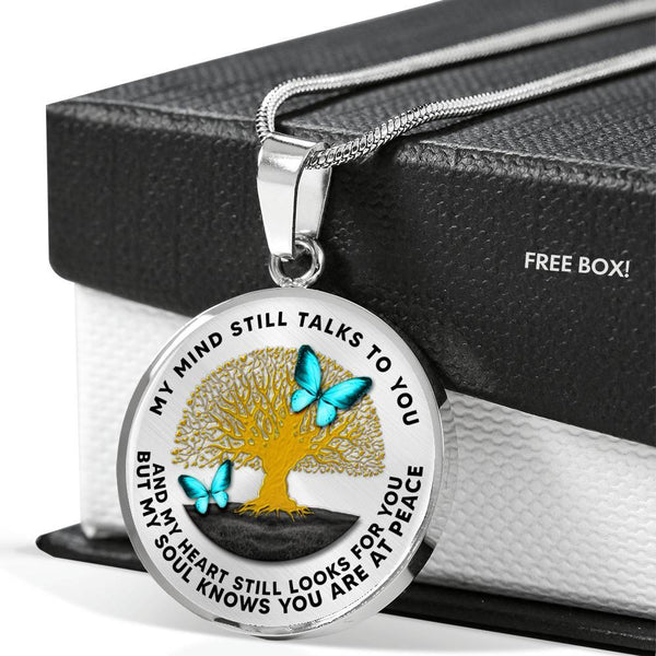B0706017 My Mind Still Talks To You Turquoise Butterflies Tree Of Life And Land Luxury Necklace with Back Engraving