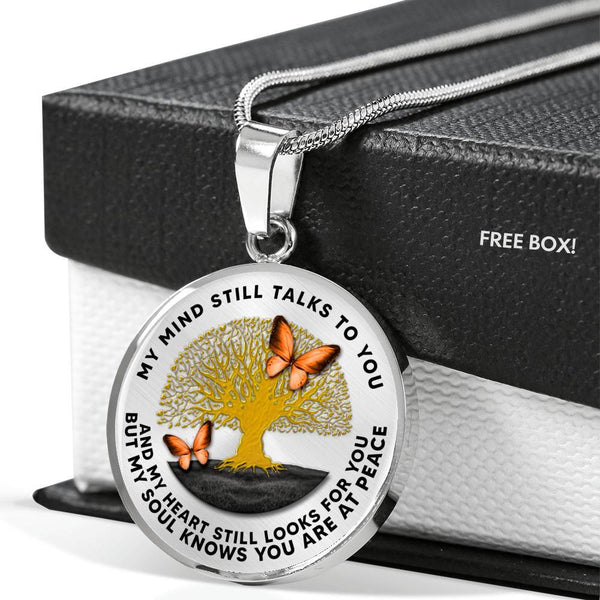 B0706019 My Mind Still Talks To You Orange Butterflies Tree Of Life And Land Luxury Necklace with Back Engraving