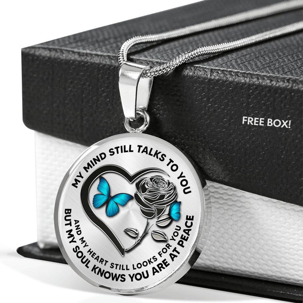 B0708002 My Mind Still Talks To You Turquoise Butterflies Black Rose And Heart Shape Luxury Necklace with Back Engraving