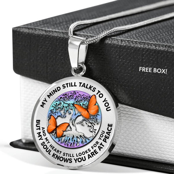 B0706034 My Mind Still Talks To You Orange Butterflies And Metal Tree Of Life Luxury Necklace with Back Engraving