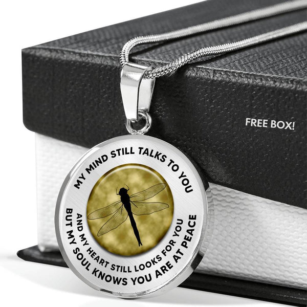 TM0042 My Mind Still Talks To You Dragonfly Silhouttte Yellow Circle Luxury Necklace with Back Engraving