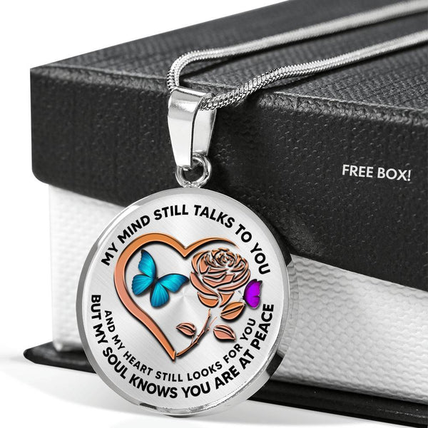B0708092 My Mind Still Talks To You Turquoise And Purple Butterflies Rose Gold Rose And Heart Shape Luxury Necklace with Back Engraving