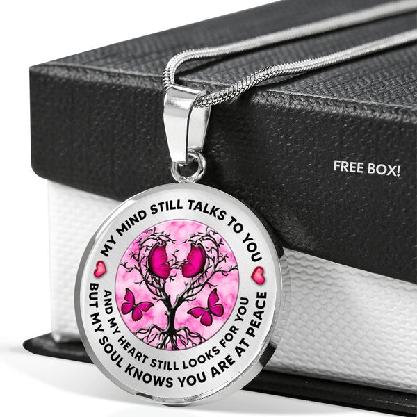 My Mind Still Talks To You Butterfly Pink Circle Heart Tree Of Life PT0039 Luxury Necklace with Back Engraving