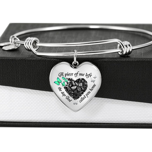 A Piece Of Me Left The Day God Called You Home Turquoise Butterflies 2 Heart Pendant With Luxury Adjustable Bangle with Back Engraving