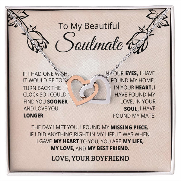 To My Beautiful Soulmate Interlocking Hearts Necklace Gift From Boyfriend or Husband