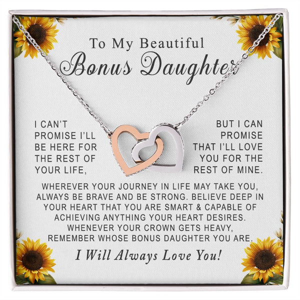 To My Beautiful Bonus Daughter Interlocking Hearts Necklace Gift From Stepmother or Stepfather
