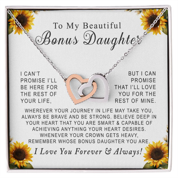 To My Beautiful Bonus Daughter Interlocking Hearts Necklace Gift From Stepmother or Stepfather