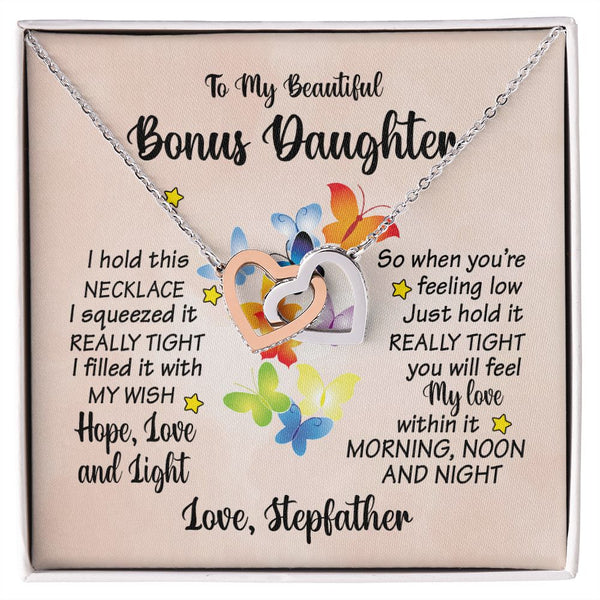 To My Beautiful Bonus Daughter Butterfly Interlocking Hearts Necklace Gift From Stepfather