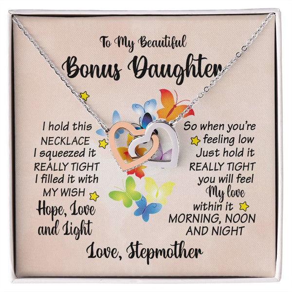 To My Beautiful Bonus Daughter Butterfly Interlocking Hearts Necklace Gift From Stepmother