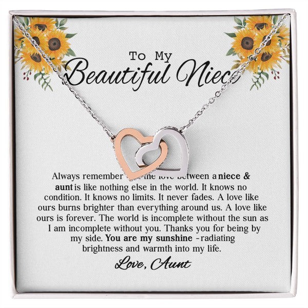 To My Beautiful Niece Sunflower Interlocking Hearts Necklace Gift From Aunt