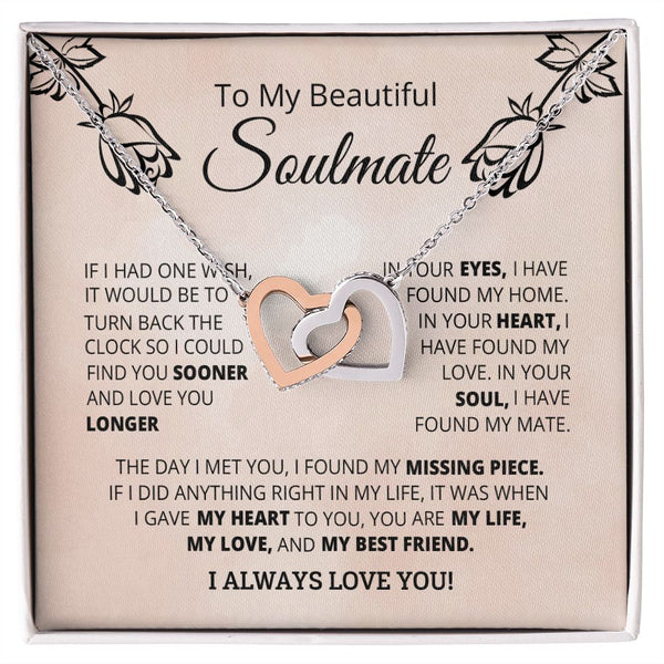 To My Beautiful Soulmate Interlocking Hearts Necklace Gift From Boyfriend or Husband