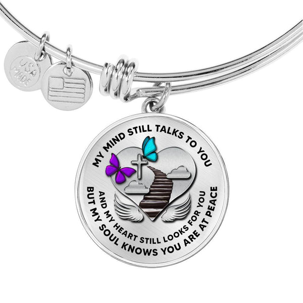 B07130014 My Mind Still Talks To You Purple And Turquoise Butterflies Stair Way To Heaven With Silver Cross Circle Adjustable Luxury Bangle with Back Engraving