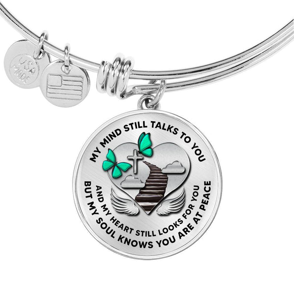 B07130010 My Mind Still Talks To You Green Butterflies Stair Way To Heaven With Silver Cross Circle Adjustable Luxury Bangle with Back Engraving