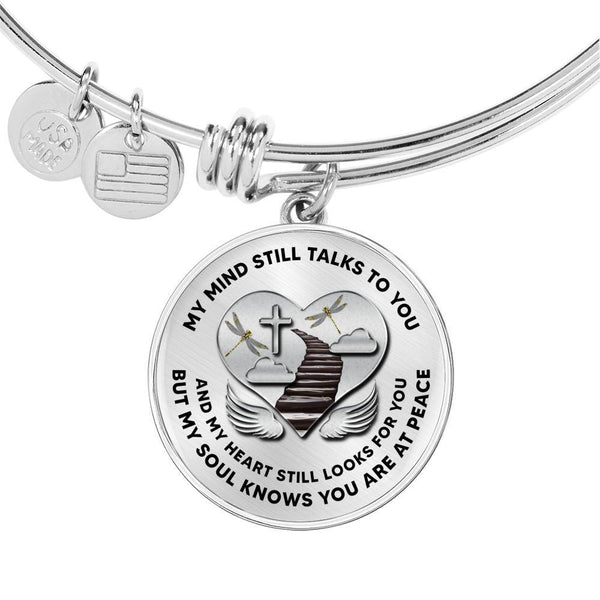 D0713004 My Mind Still Talks To You Yellow Dragonflies Stair Way To Heaven With Silver Cross Circle Adjustable Luxury Bangle with Back Engraving