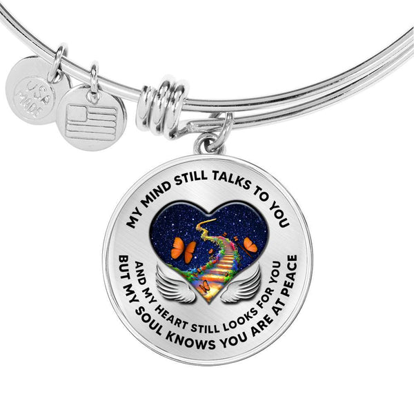 B0713007 My Mind Still Talks To You Orange Butterflies Stair Way To Heaven With Heart Wings Circle Adjustable Luxury Bangle with Back Engraving