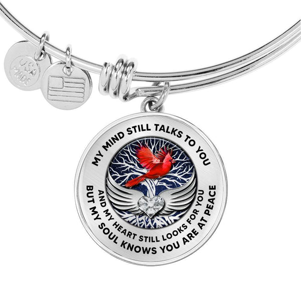 C0713005 My Mind Still Talks To You Red Cardinal Silver Tree Of Life With Heart Wings Circle Adjustable Luxury Bangle with Back Engraving
