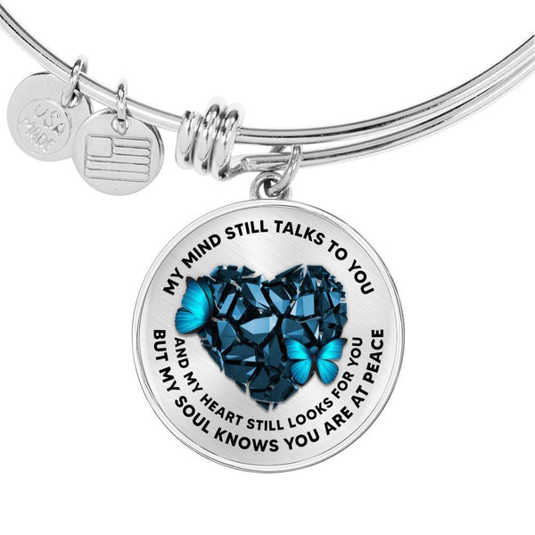 My Mind Still Talks To You Blue Butterfly Broken Heart Circle Adjustable Luxury Bangle with Back Engraving