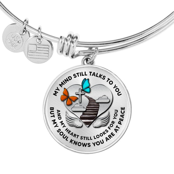 B07130015 My Mind Still Talks To You Orange And Turquoise Butterflies Stair Way To Heaven With Silver Cross Circle Adjustable Luxury Bangle with Back Engraving