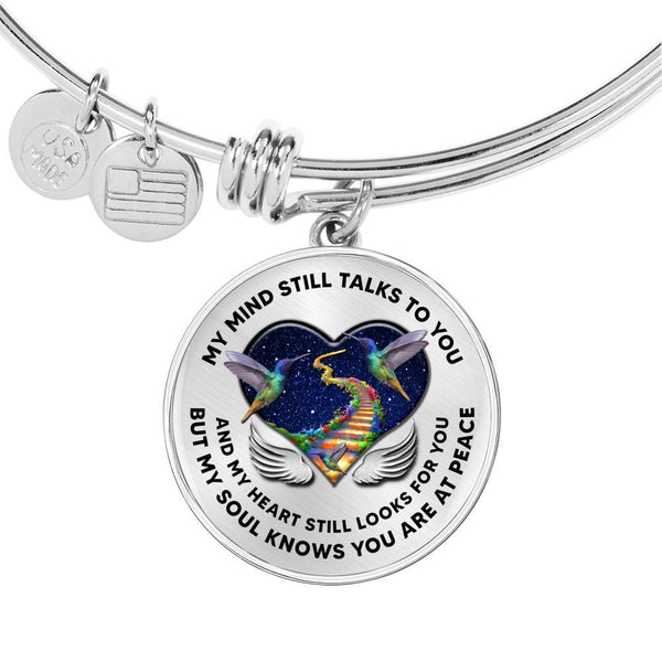 H0713003 My Mind Still Talks To You Green Hummngbirds Stair Way To Heaven With Heart Wings Circle Adjustable Luxury Bangle with Back Engraving