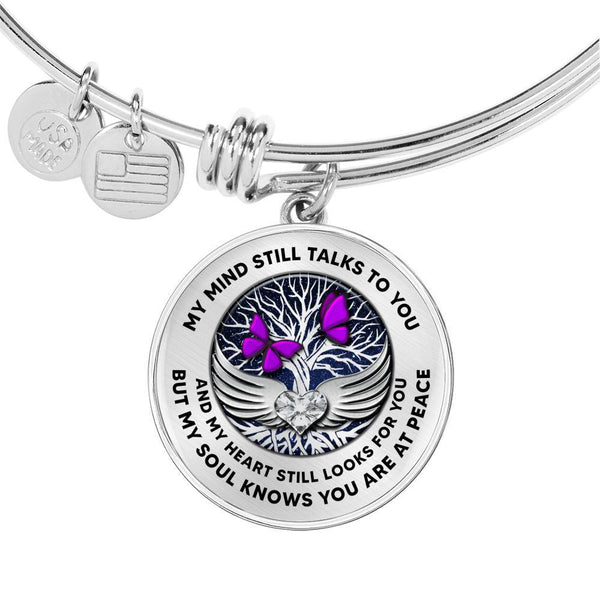 B0713018 My Mind Still Talks To You Purple Butterflies Silver Tree Of Life With Heart Wings Circle Adjustable Luxury Bangle with Back Engraving