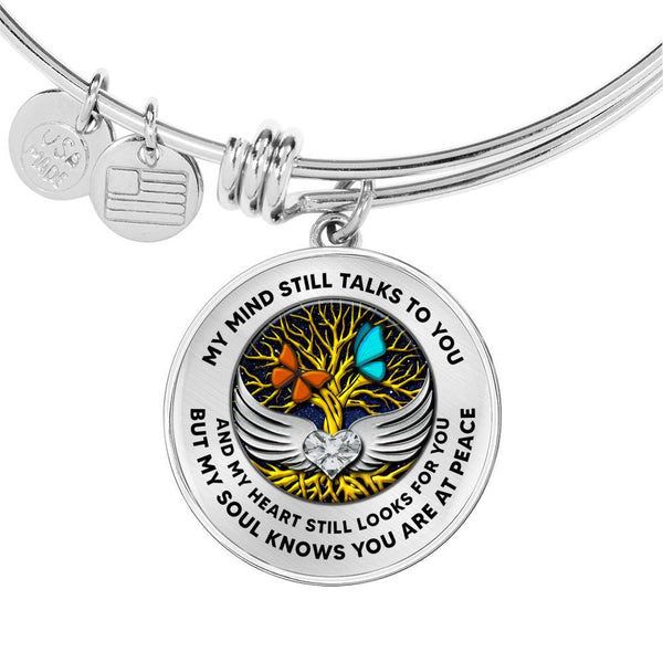 B0713023 My Mind Still Talks To You Orange And Turquoise Butterflies Gold Tree Of Life With Heart Wings Circle Adjustable Luxury Bangle with Back Engraving