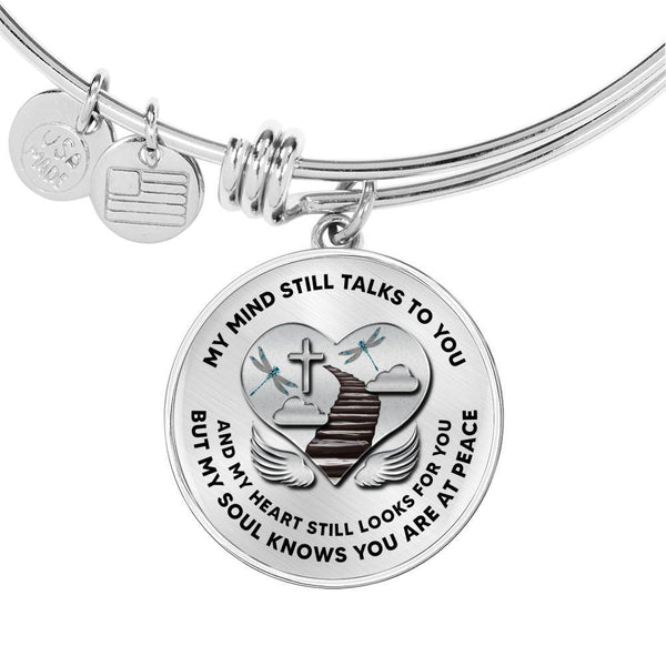 D0713003 My Mind Still Talks To You Turquoise Dragonflies Stair Way To Heaven With Silver Cross Circle Adjustable Luxury Bangle with Back Engraving