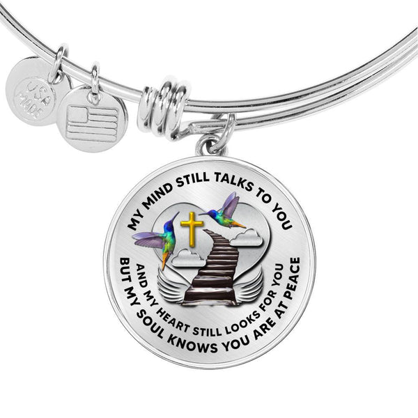 H0713006 My Mind Still Talks To You Turquoise Hummingbirds Stair Way To Heaven With Gold Cross Circle Adjustable Luxury Bangle with Back Engraving