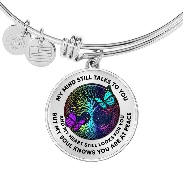JL1507007 Purple And Turquoise Butterflies And Tree Of Life Colorful Circle Adjustable Luxury Bangle with Back Engraving