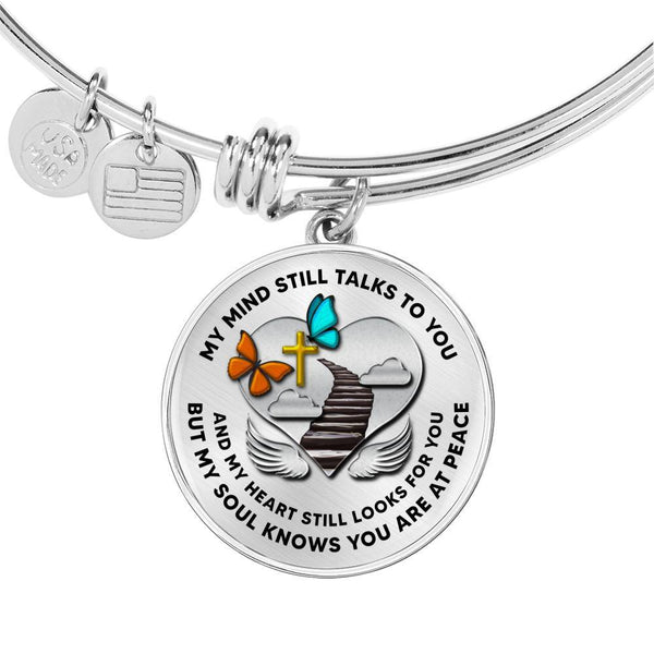 B0713023 My Mind Still Talks To You Orange And Turquoise Butterflies Stair Way To Heaven With Gold Cross Circle Adjustable Luxury Bangle with Back Engraving