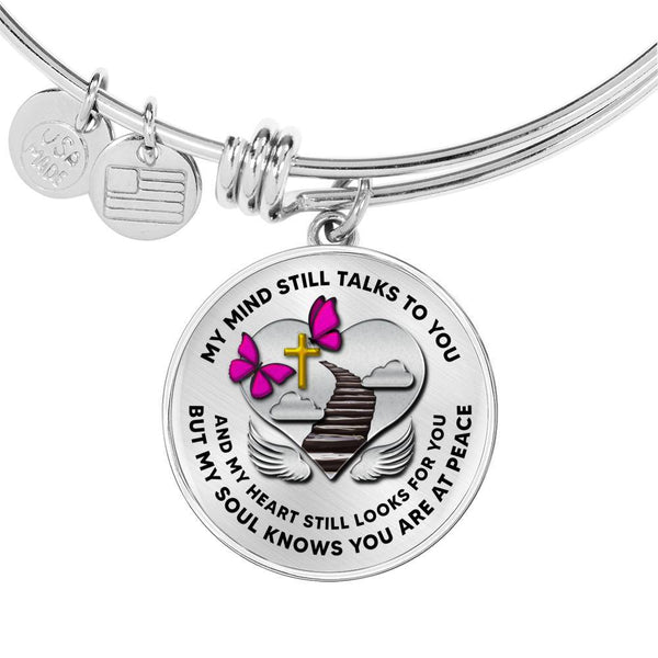 B0713019 My Mind Still Talks To You Pink Butterflies Stair Way To Heaven With Gold Cross Circle Adjustable Luxury Bangle with Back Engraving