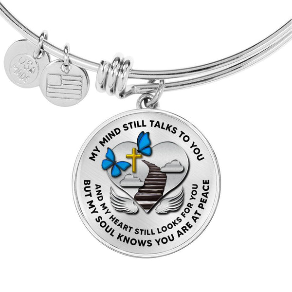 B0713017 My Mind Still Talks To You Blue Butterflies Stair Way To Heaven With Gold Cross Circle Adjustable Luxury Bangle with Back Engraving
