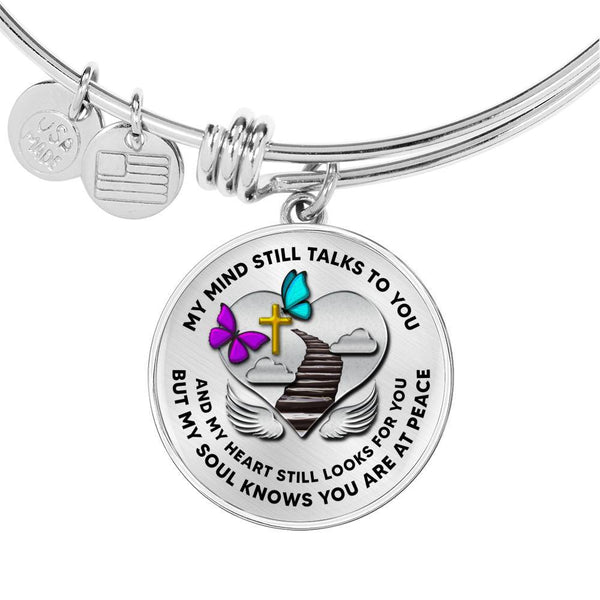 B0713021 My Mind Still Talks To You Purple And Turquoise Butterflies Stair Way To Heaven With Gold Cross Circle Adjustable Luxury Bangle with Back Engraving