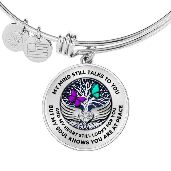 B0713019 My Mind Still Talks To You Purple And Turquoise Butterflies Silver Tree Of Life With Heart Wings Circle Adjustable Luxury Bangle with Back Engraving