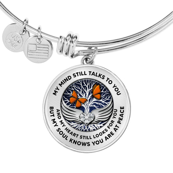 B0713017 My Mind Still Talks To You Orange Butterflies Silver Tree Of Life With Heart Wings Circle Adjustable Luxury Bangle with Back Engraving