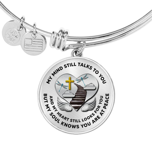 D0713007 My Mind Still Talks To You Turquoise Dragonflies Stair Way To Heaven With Gold Cross Circle Adjustable Luxury Bangle with Back Engraving