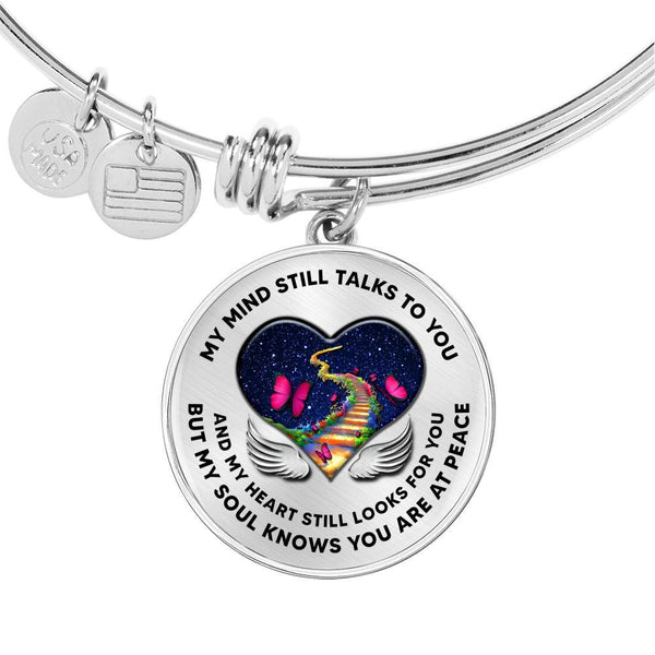 B0713008 My Mind Still Talks To You Pink Butterflies Stair Way To Heaven With Heart Wings Circle Adjustable Luxury Bangle with Back Engraving